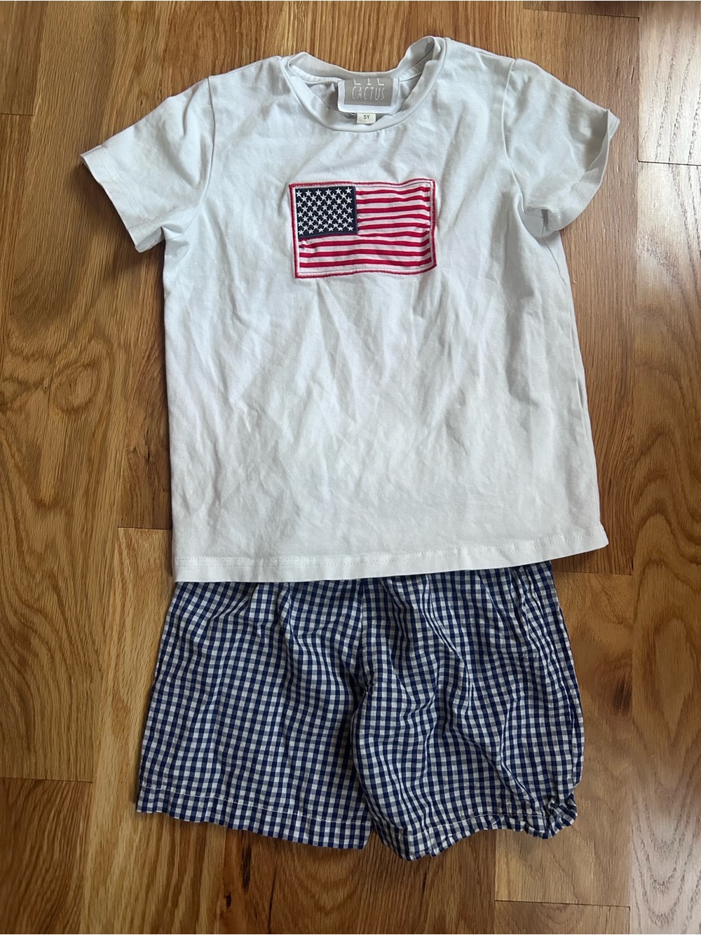 Lil Cactus White Flag Tee & Navy Gingham Shorts Set